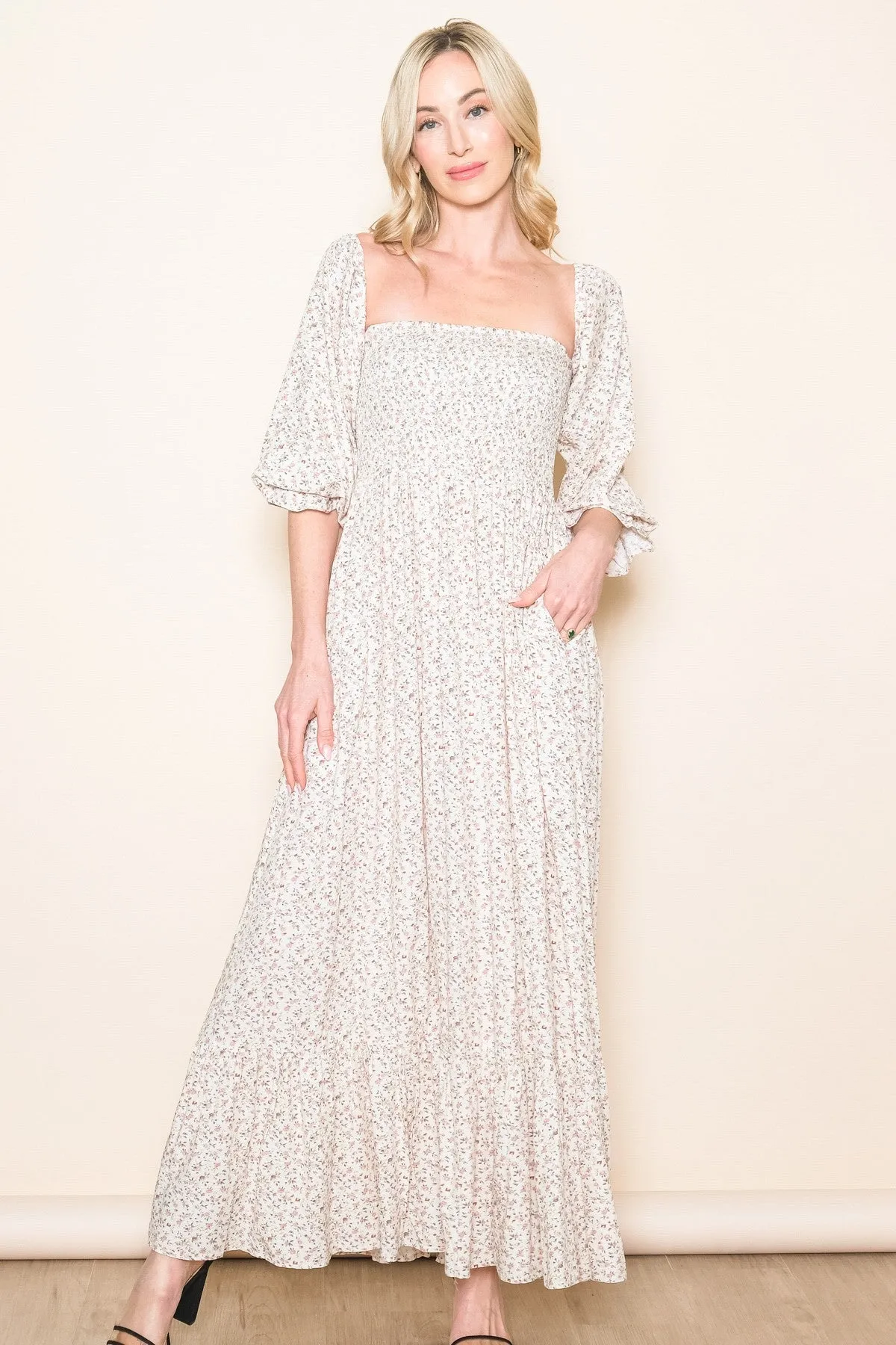 Sassafras  with smocked bodice floral details in cream * on sale