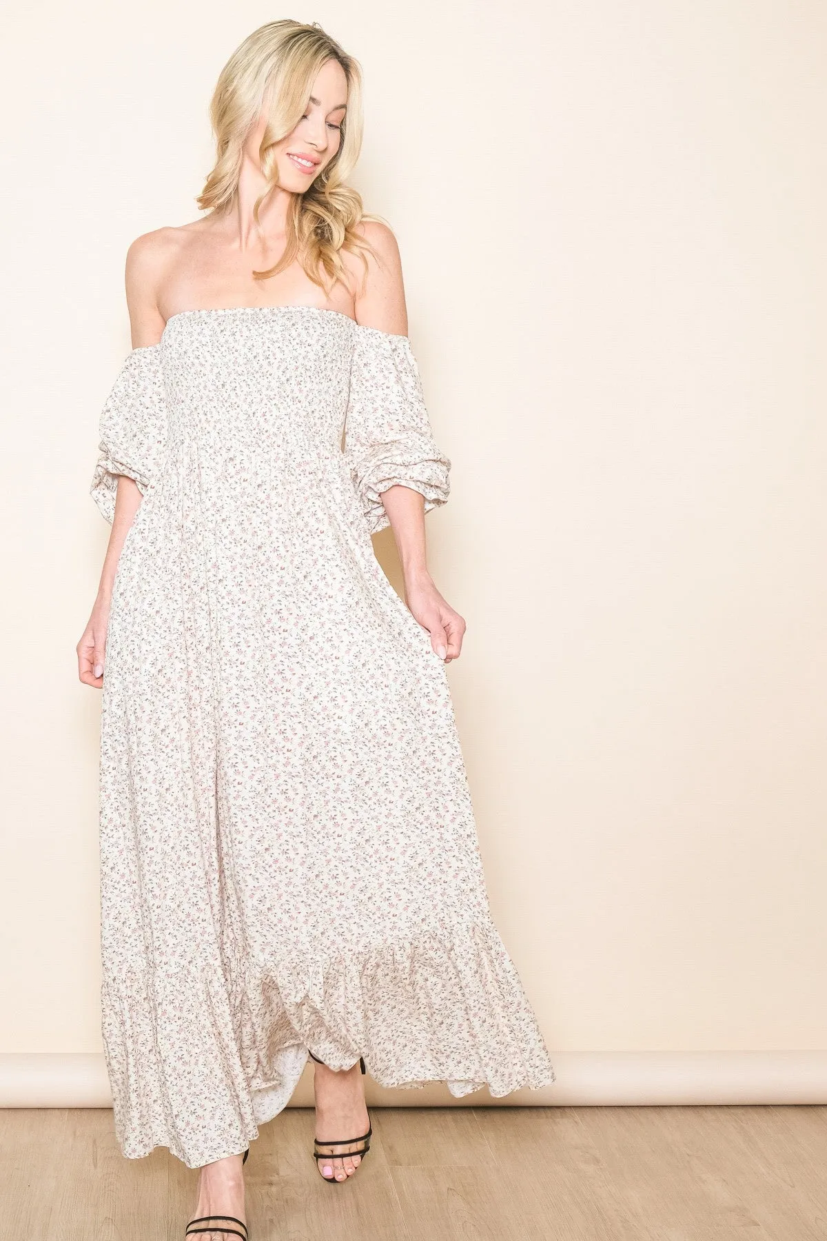 Sassafras  with smocked bodice floral details in cream * on sale