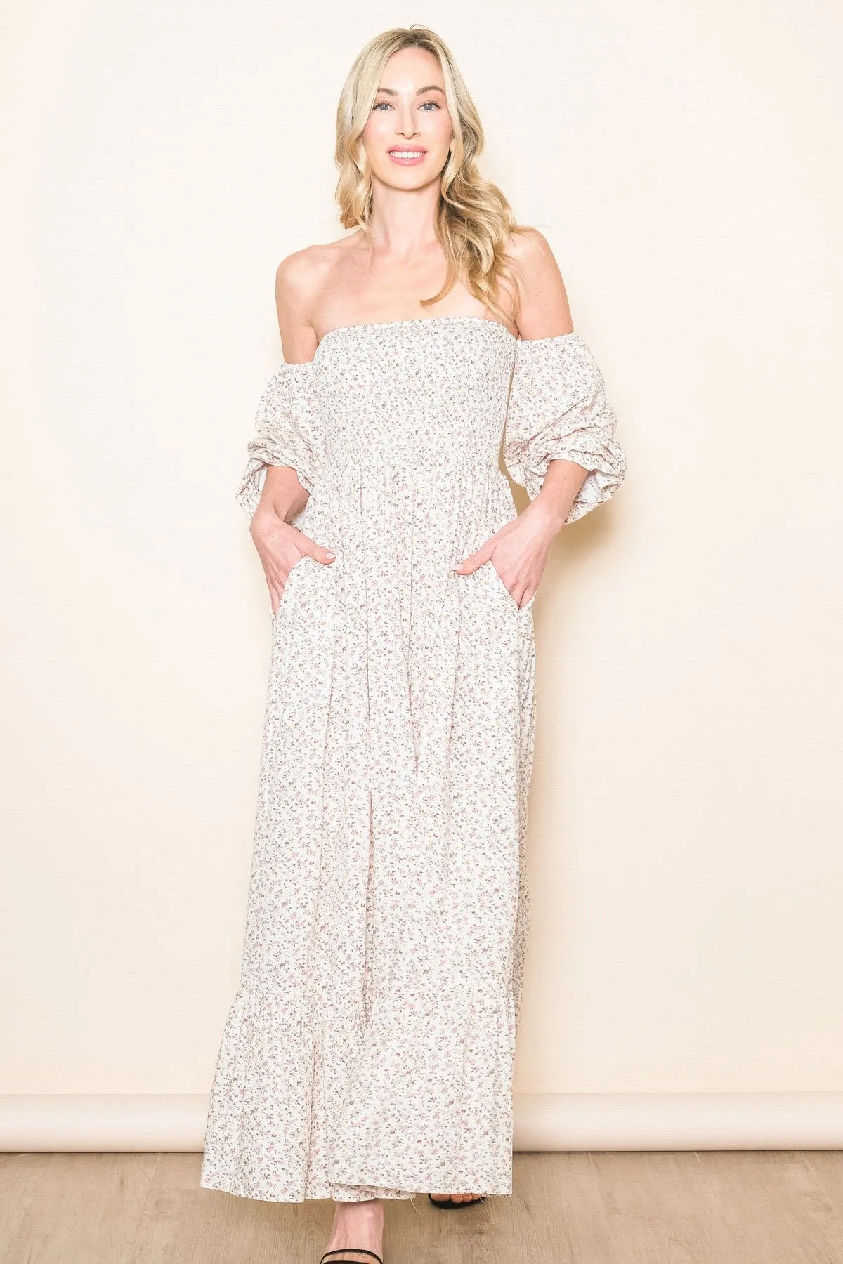 Sassafras  with smocked bodice floral details in cream * on sale