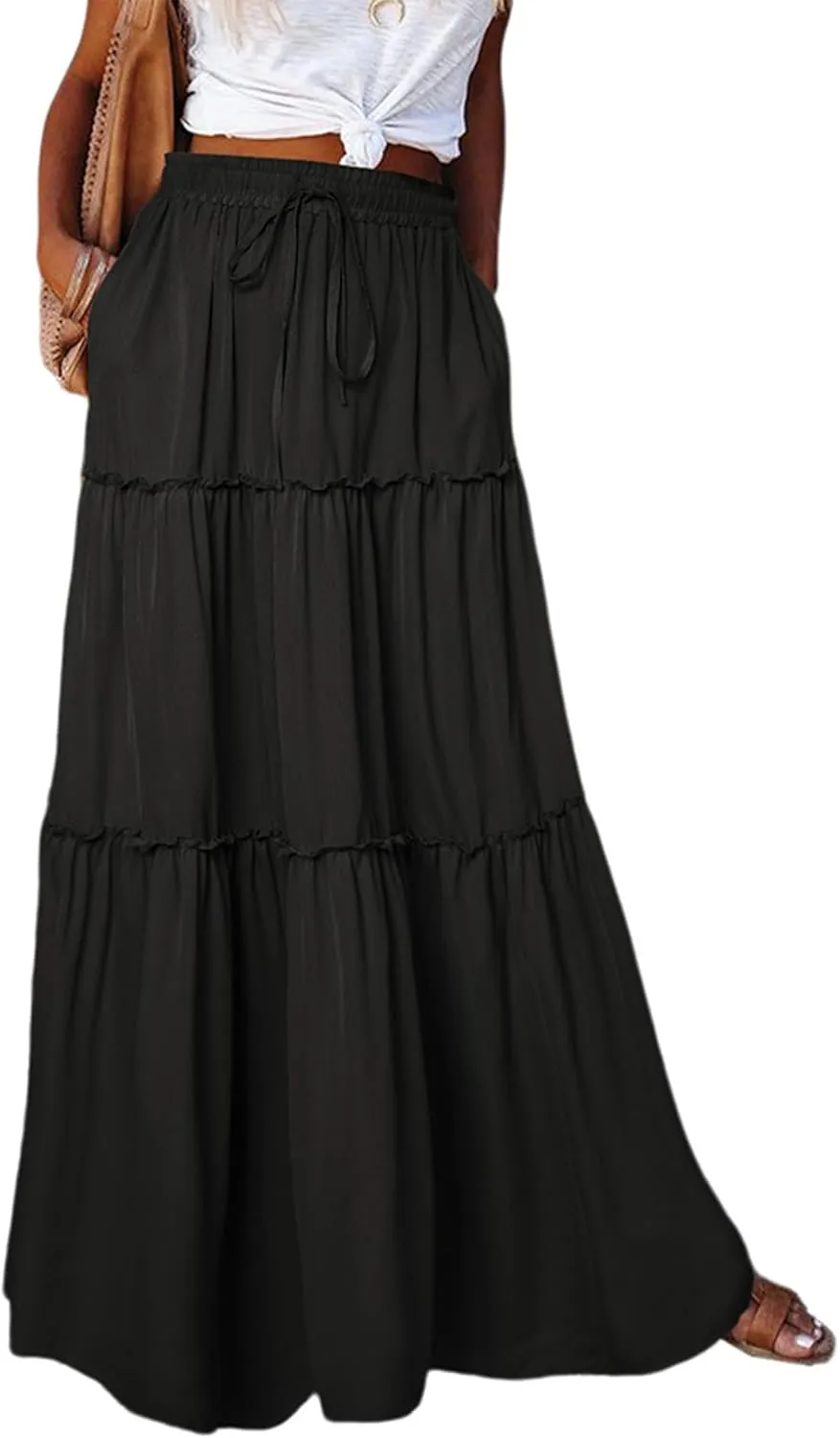 SEMATOMALA Women's Elastic Waist Swing Ruffle Pleated Maxi Boho Skirt High Waist A Line Frill Tiered Long Flowy Skirts