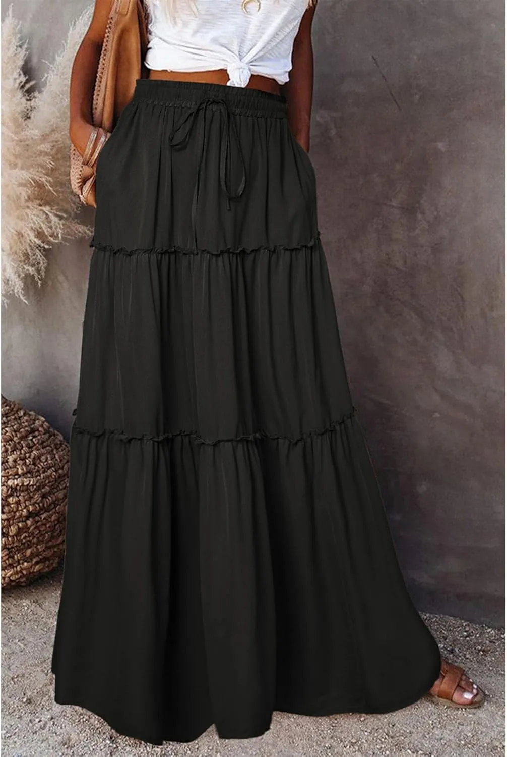 SEMATOMALA Women's Elastic Waist Swing Ruffle Pleated Maxi Boho Skirt High Waist A Line Frill Tiered Long Flowy Skirts