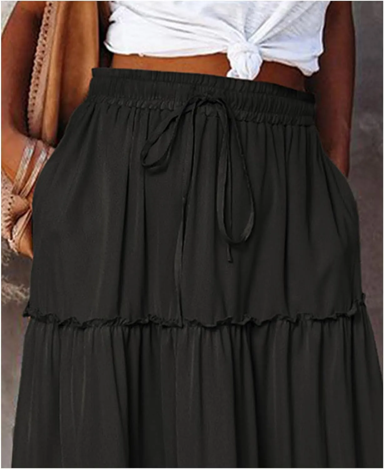 SEMATOMALA Women's Elastic Waist Swing Ruffle Pleated Maxi Boho Skirt High Waist A Line Frill Tiered Long Flowy Skirts