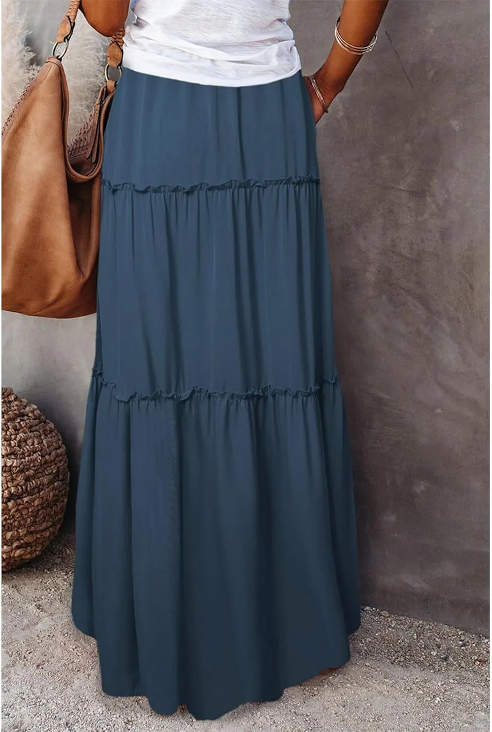 SEMATOMALA Women's Elastic Waist Swing Ruffle Pleated Maxi Boho Skirt High Waist A Line Frill Tiered Long Flowy Skirts