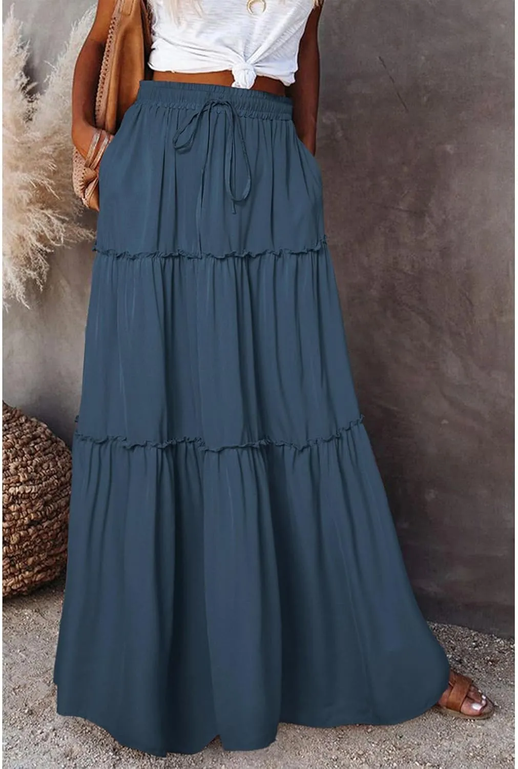 SEMATOMALA Women's Elastic Waist Swing Ruffle Pleated Maxi Boho Skirt High Waist A Line Frill Tiered Long Flowy Skirts