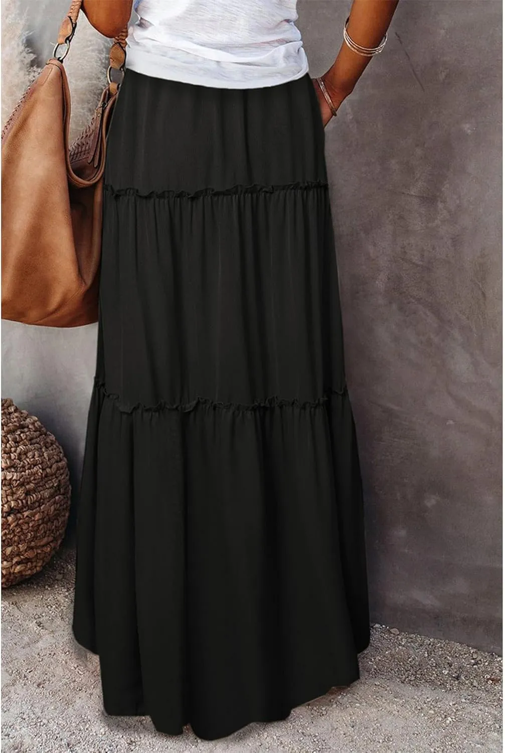 SEMATOMALA Women's Elastic Waist Swing Ruffle Pleated Maxi Boho Skirt High Waist A Line Frill Tiered Long Flowy Skirts