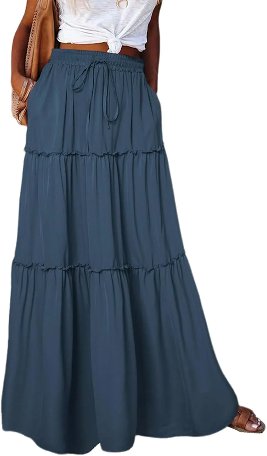 SEMATOMALA Women's Elastic Waist Swing Ruffle Pleated Maxi Boho Skirt High Waist A Line Frill Tiered Long Flowy Skirts
