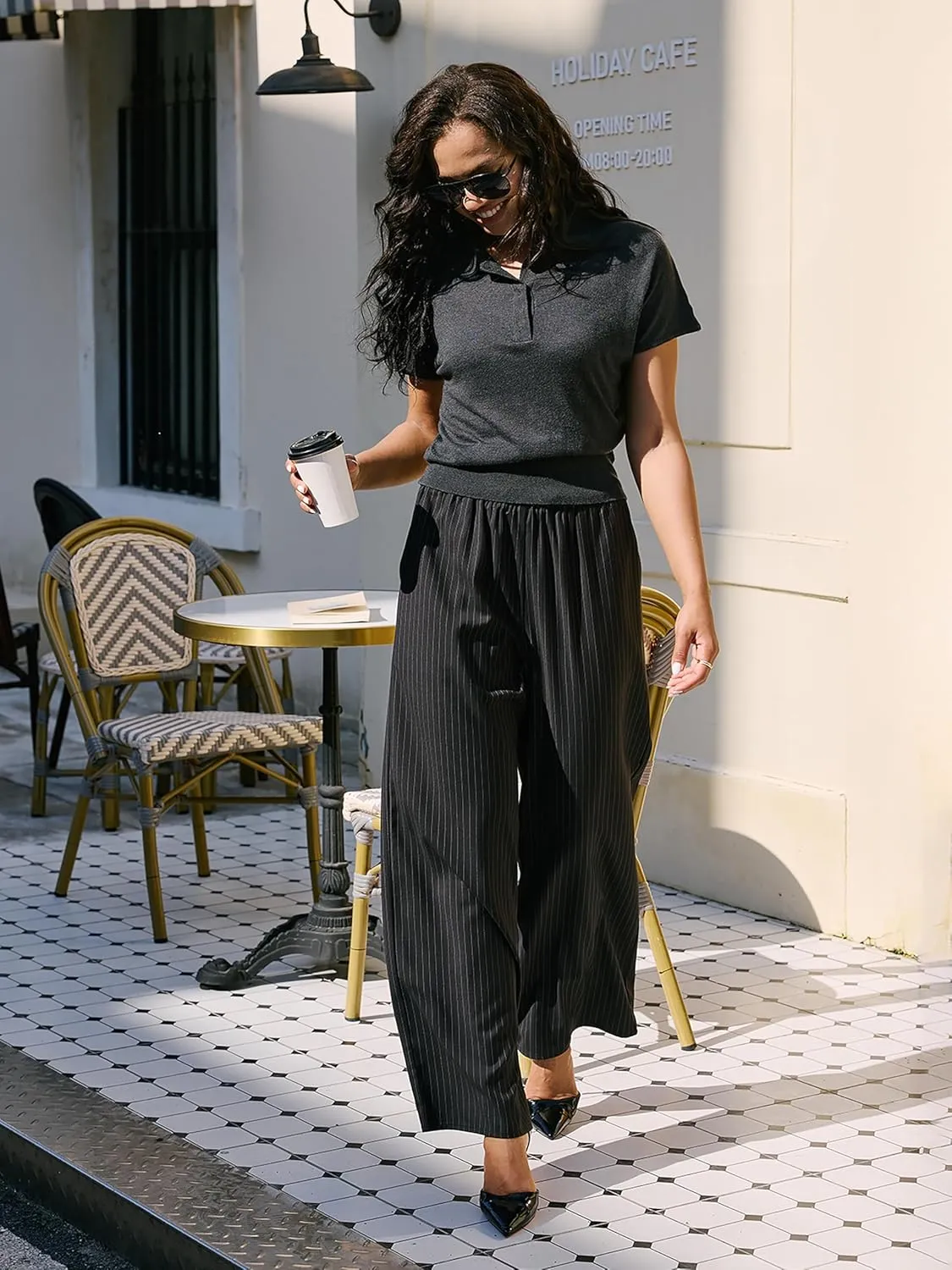 Striped Palazzo Pants for Women, Wide Leg Drawstring Pants for Vacation, Lounge, or Work