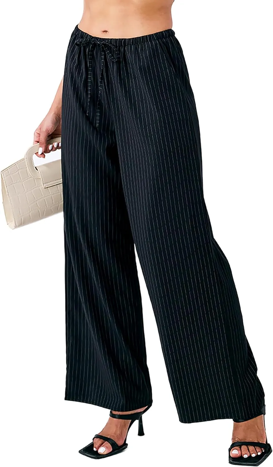 Striped Palazzo Pants for Women, Wide Leg Drawstring Pants for Vacation, Lounge, or Work