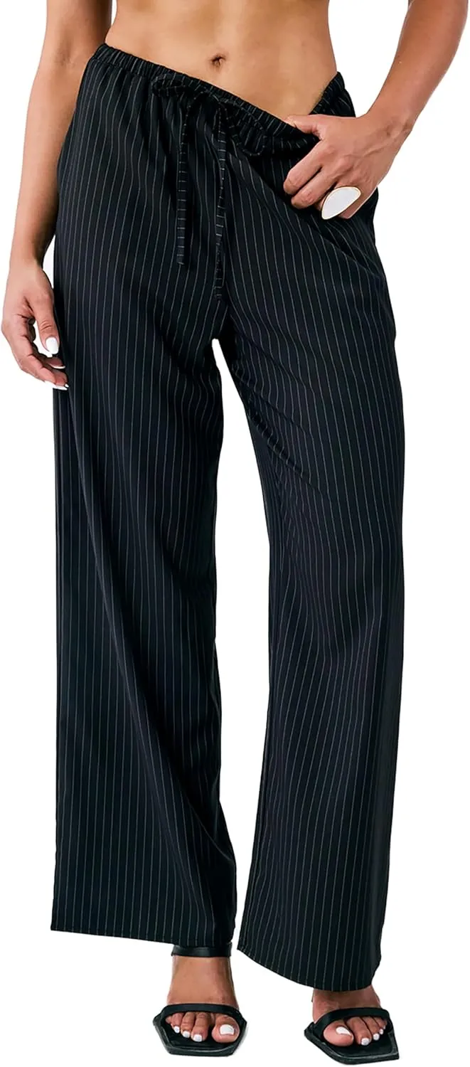 Striped Palazzo Pants for Women, Wide Leg Drawstring Pants for Vacation, Lounge, or Work