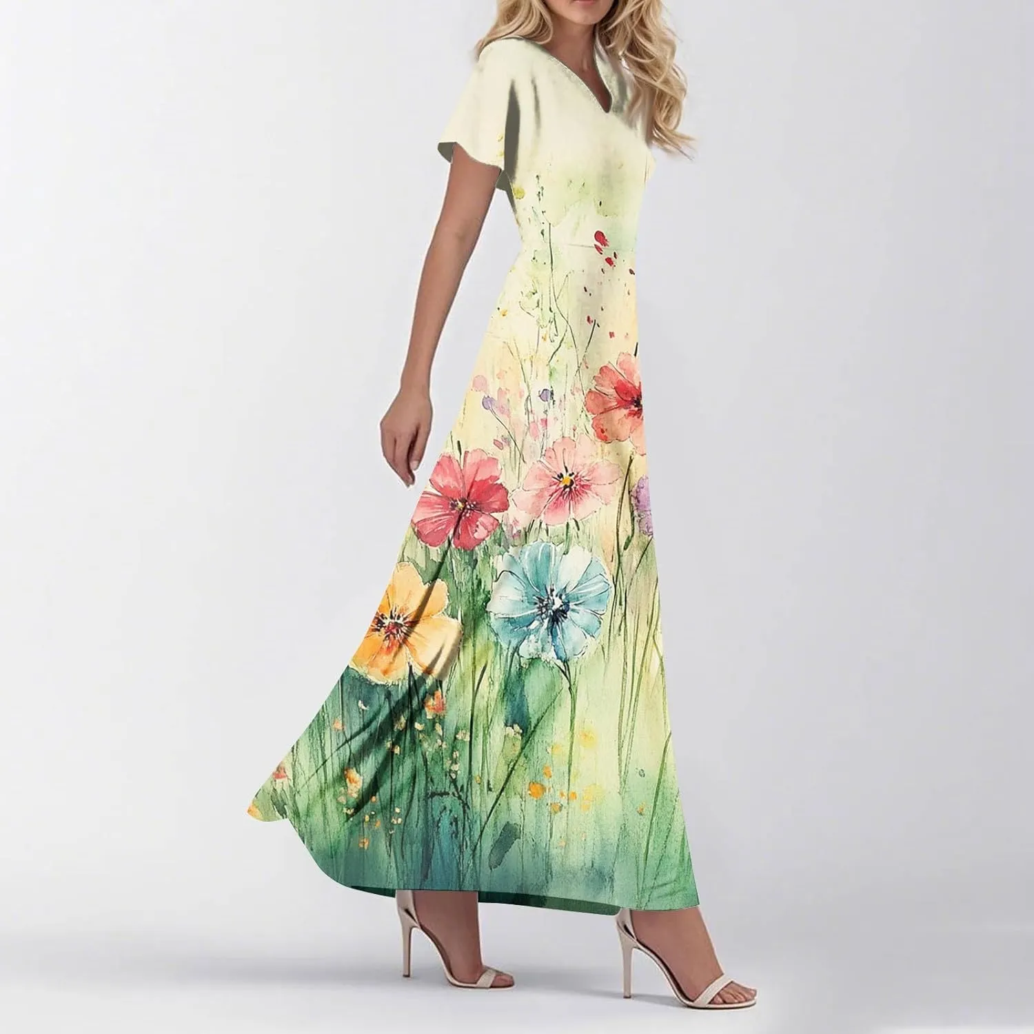 Summer Dresses for Women 2025 Stylish Daily Wear Floral Trendy Flowy Brunch Maxi Going Out Dress with Sleeve Classy Cruise