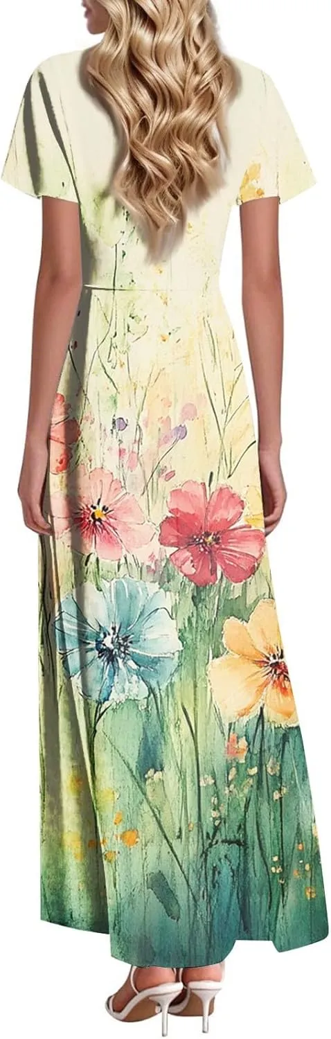 Summer Dresses for Women 2025 Stylish Daily Wear Floral Trendy Flowy Brunch Maxi Going Out Dress with Sleeve Classy Cruise