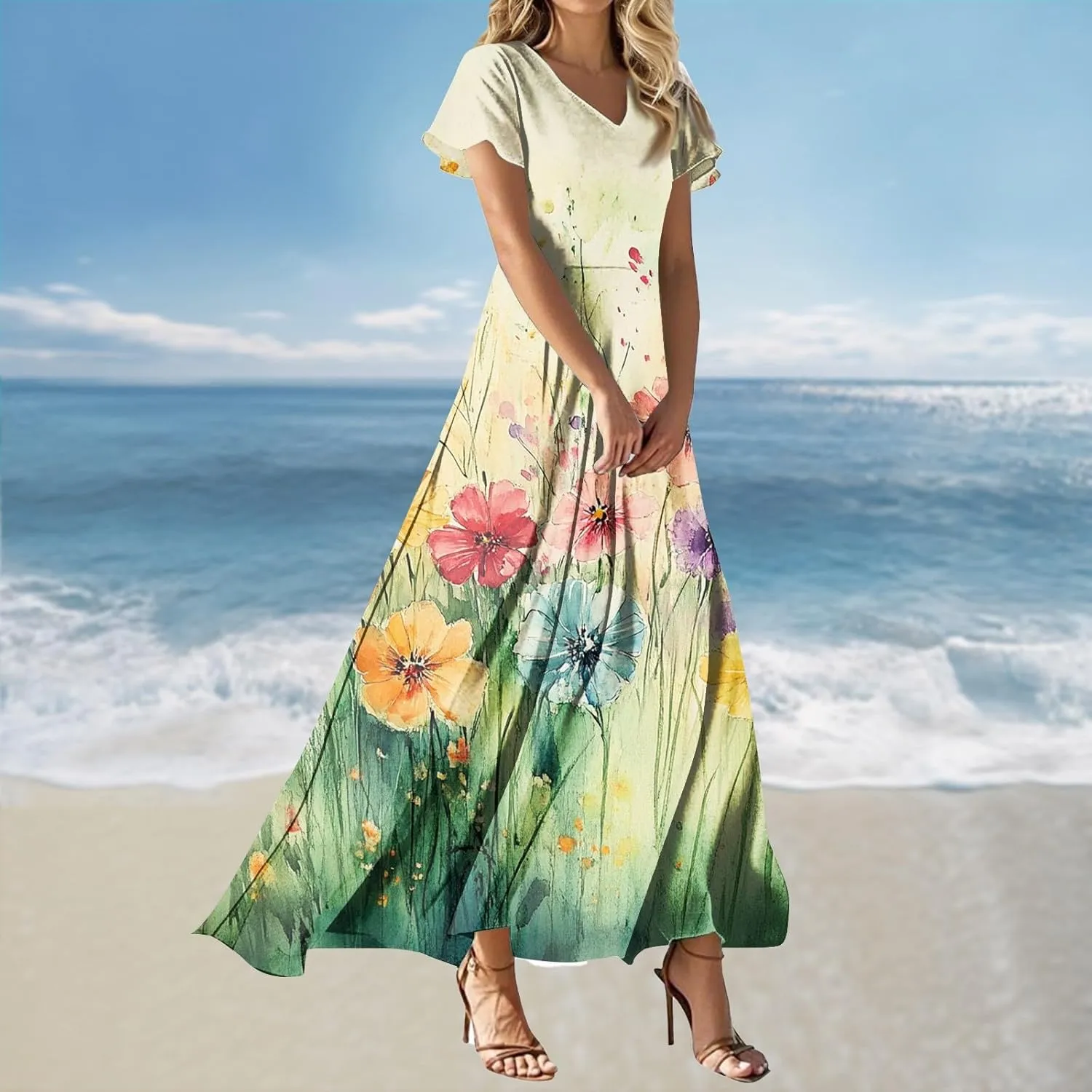 Summer Dresses for Women 2025 Stylish Daily Wear Floral Trendy Flowy Brunch Maxi Going Out Dress with Sleeve Classy Cruise