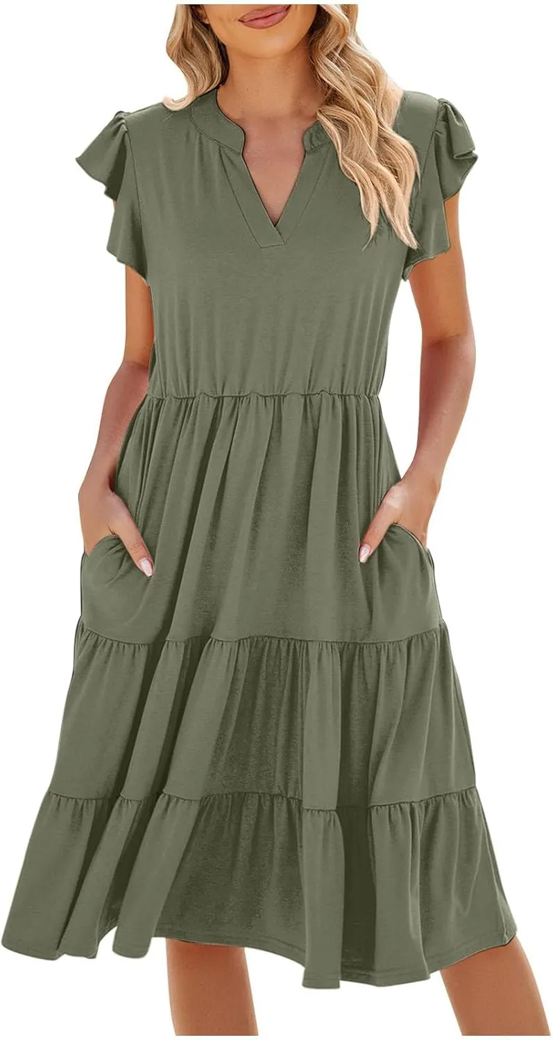 Summer Dresses for Women Ruffle Sleeve Midi Dress Boho V Neck Flowy Tiered Dress Flowy Vacation Sundress with Pockets