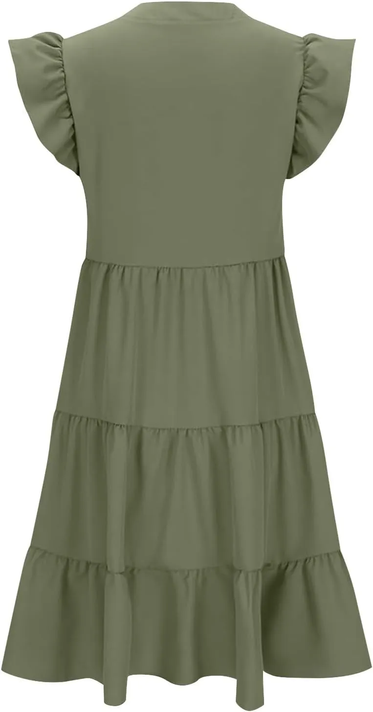 Summer Dresses for Women Ruffle Sleeve Midi Dress Boho V Neck Flowy Tiered Dress Flowy Vacation Sundress with Pockets