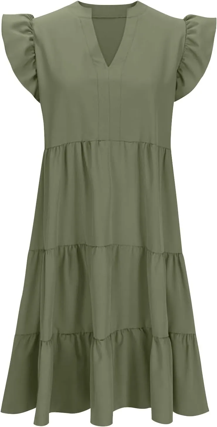 Summer Dresses for Women Ruffle Sleeve Midi Dress Boho V Neck Flowy Tiered Dress Flowy Vacation Sundress with Pockets