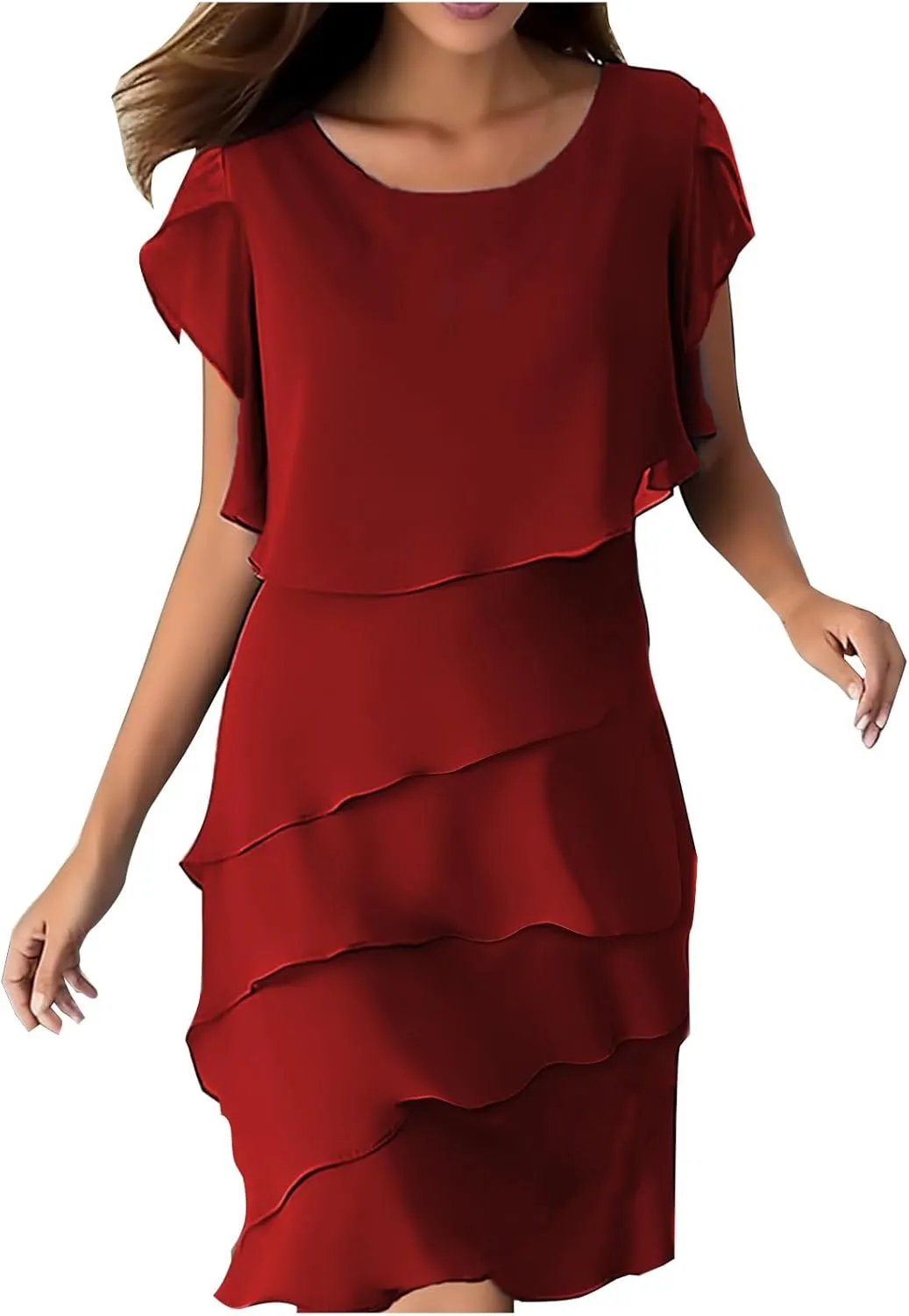 Summer Layered Ruffle Shift Tunic Dresses for Women Stylish Petal Sleeve Flowy Beach Mini Dress for Casual Party