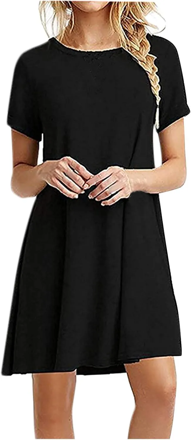 Summer T Shirt Dresses for Women Casual Side Slit Short Sleeve Crew Neck Solid Color Beach Mini Shift Dress