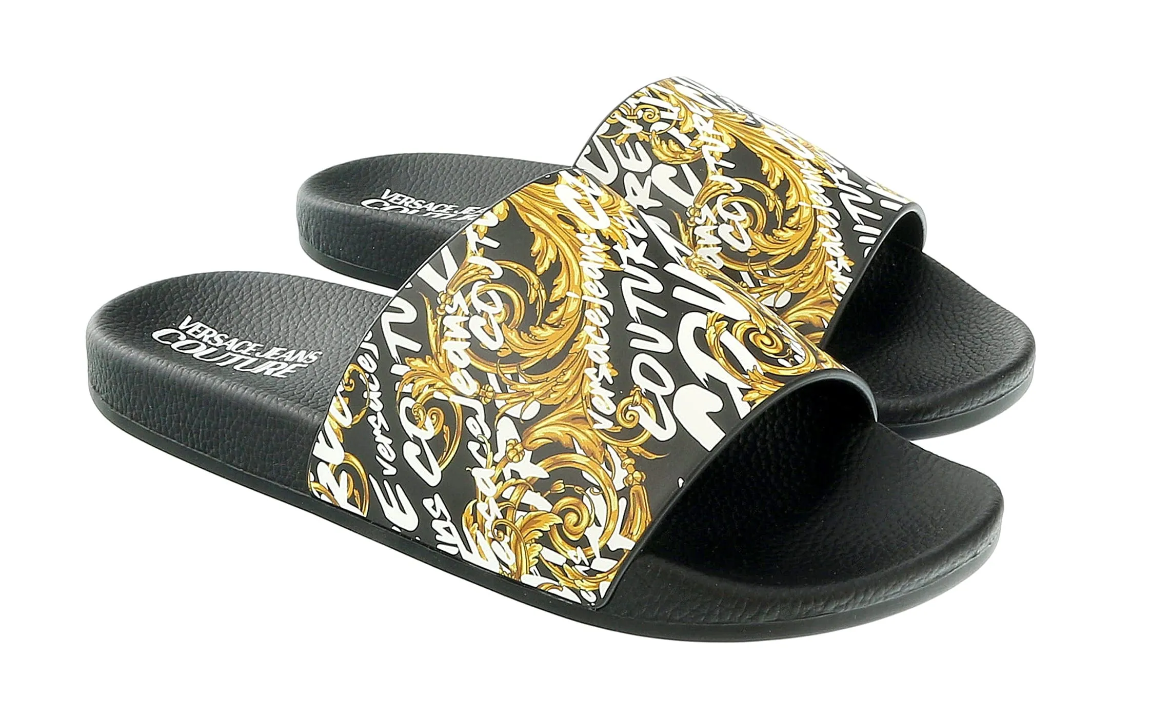Versace Jeans Couture Black Gold Baroque Pattern Pool Slide-