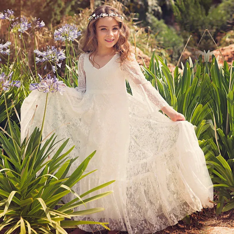 White bohemian girls dress Lace Girls Full Sleeve