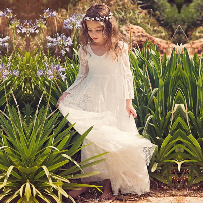 White bohemian girls dress Lace Girls Full Sleeve