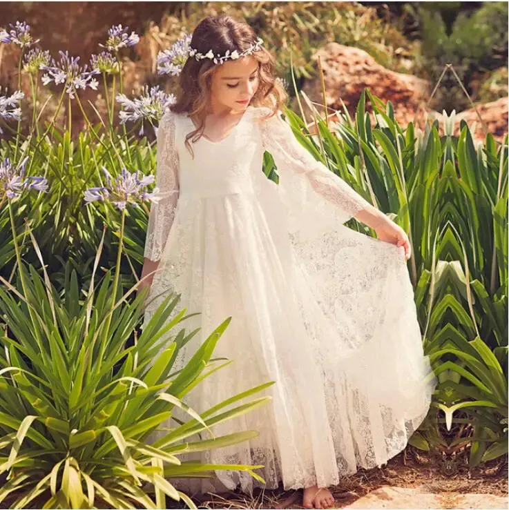 White bohemian girls dress Lace Girls Full Sleeve