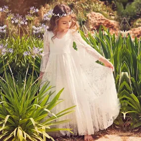 White bohemian girls dress Lace Girls Full Sleeve