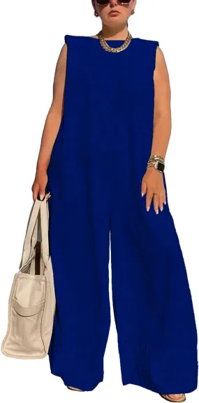 WOKANSE Women's Loose Fit Sleeveless Casual Solid Wide Leg Jumpsuit Long Pants Romper Plus Size
