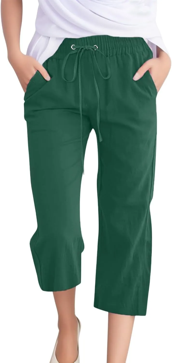 Women Comfortable High Waisted Wide Leg Pants Drawstring Elastic Trousers Comfy Straight Leg Long Pants with Pockets