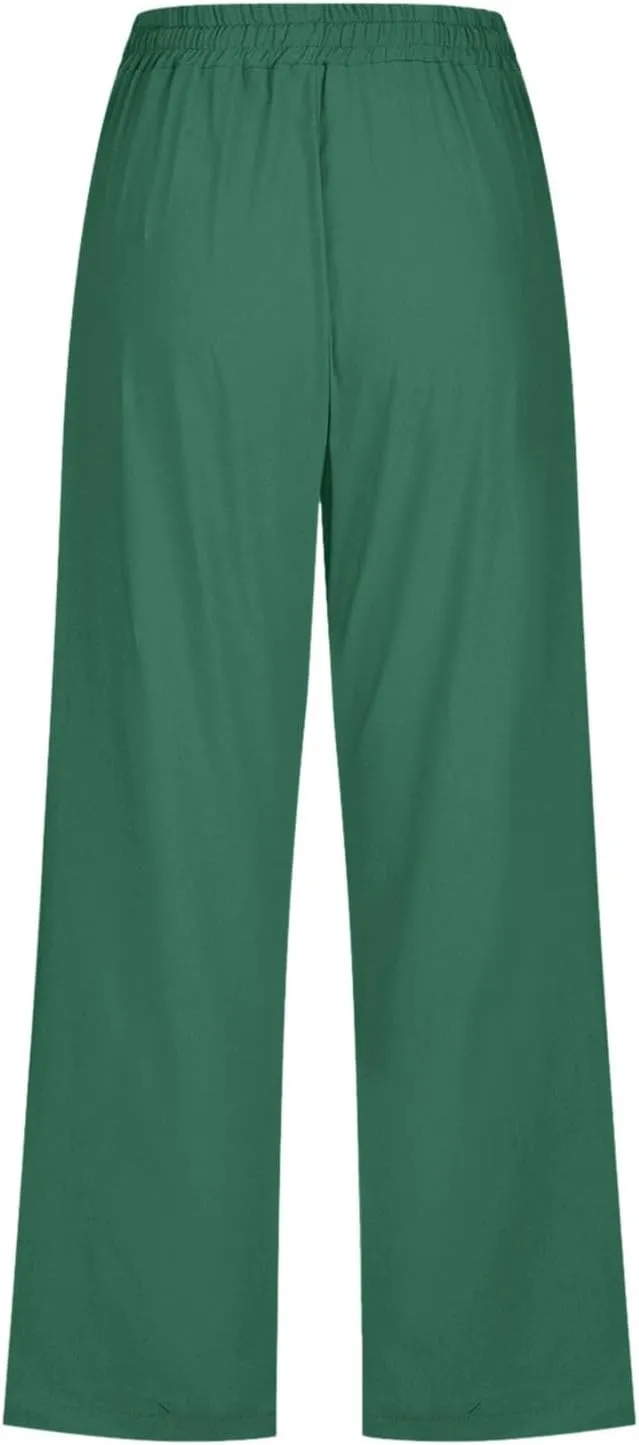 Women Comfortable High Waisted Wide Leg Pants Drawstring Elastic Trousers Comfy Straight Leg Long Pants with Pockets