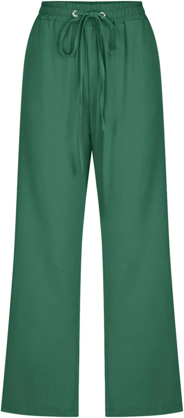 Women Comfortable High Waisted Wide Leg Pants Drawstring Elastic Trousers Comfy Straight Leg Long Pants with Pockets