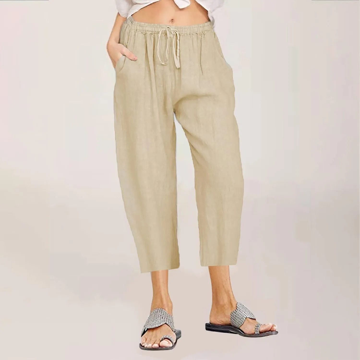 Women High Elastic Waisted Pants Solid Color Casual Pants Drawstring Trousers Comfy Straight Leg Long Pants for