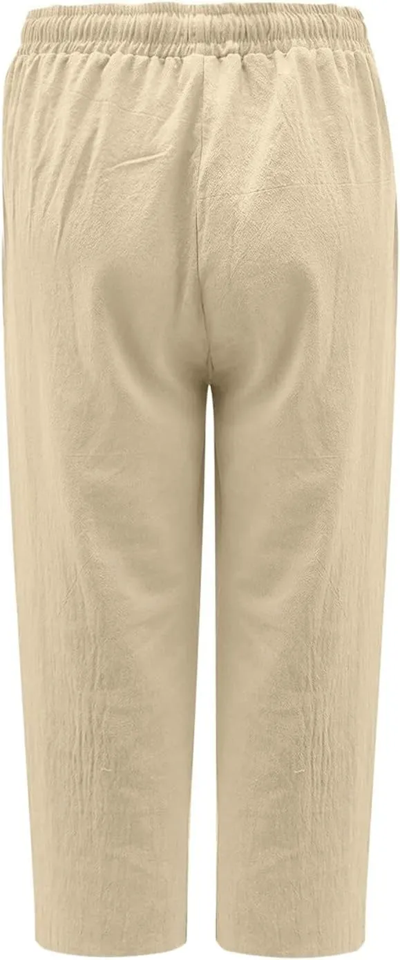 Women High Elastic Waisted Pants Solid Color Casual Pants Drawstring Trousers Comfy Straight Leg Long Pants for