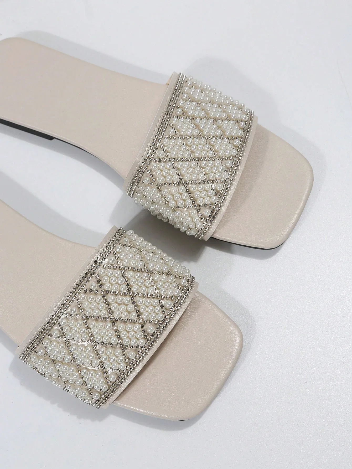 Women Rhinestone & Faux Pearl Decor Slide Sandals, Glamorous Sandals