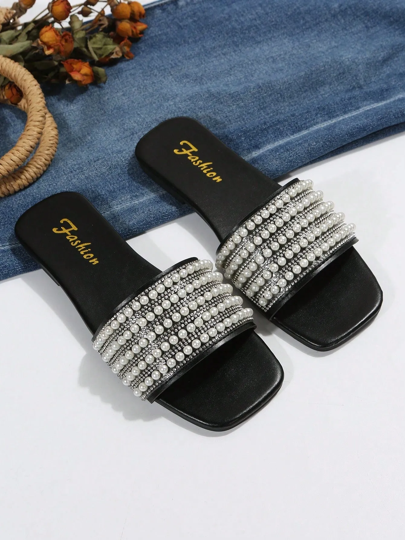 Women Rhinestone & Faux Pearl Decor Slide Sandals, Glamorous Sandals