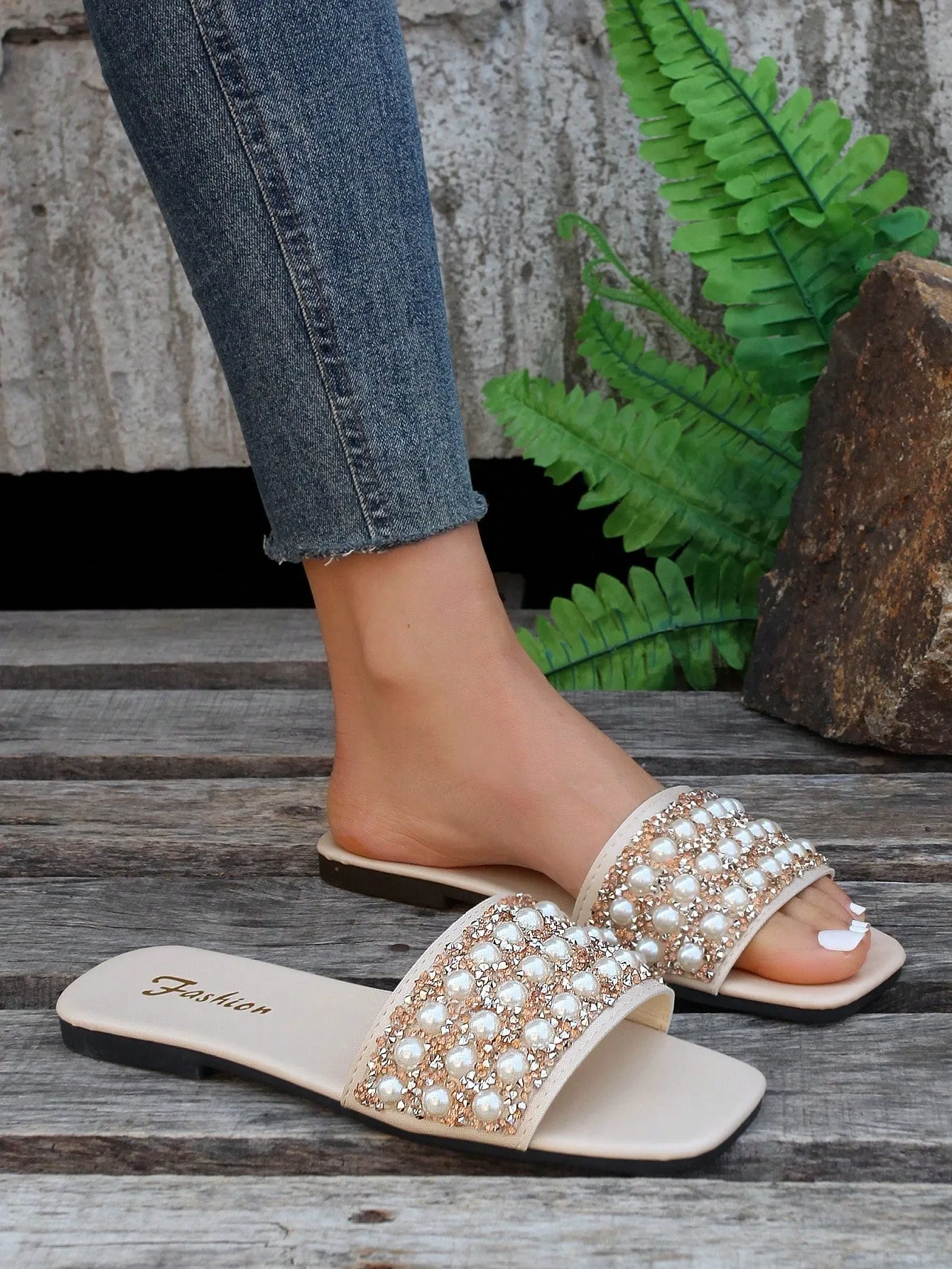 Women Rhinestone & Faux Pearl Decor Slide Sandals, Glamorous Sandals
