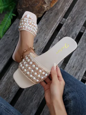 Women Rhinestone & Faux Pearl Decor Slide Sandals, Glamorous Sandals