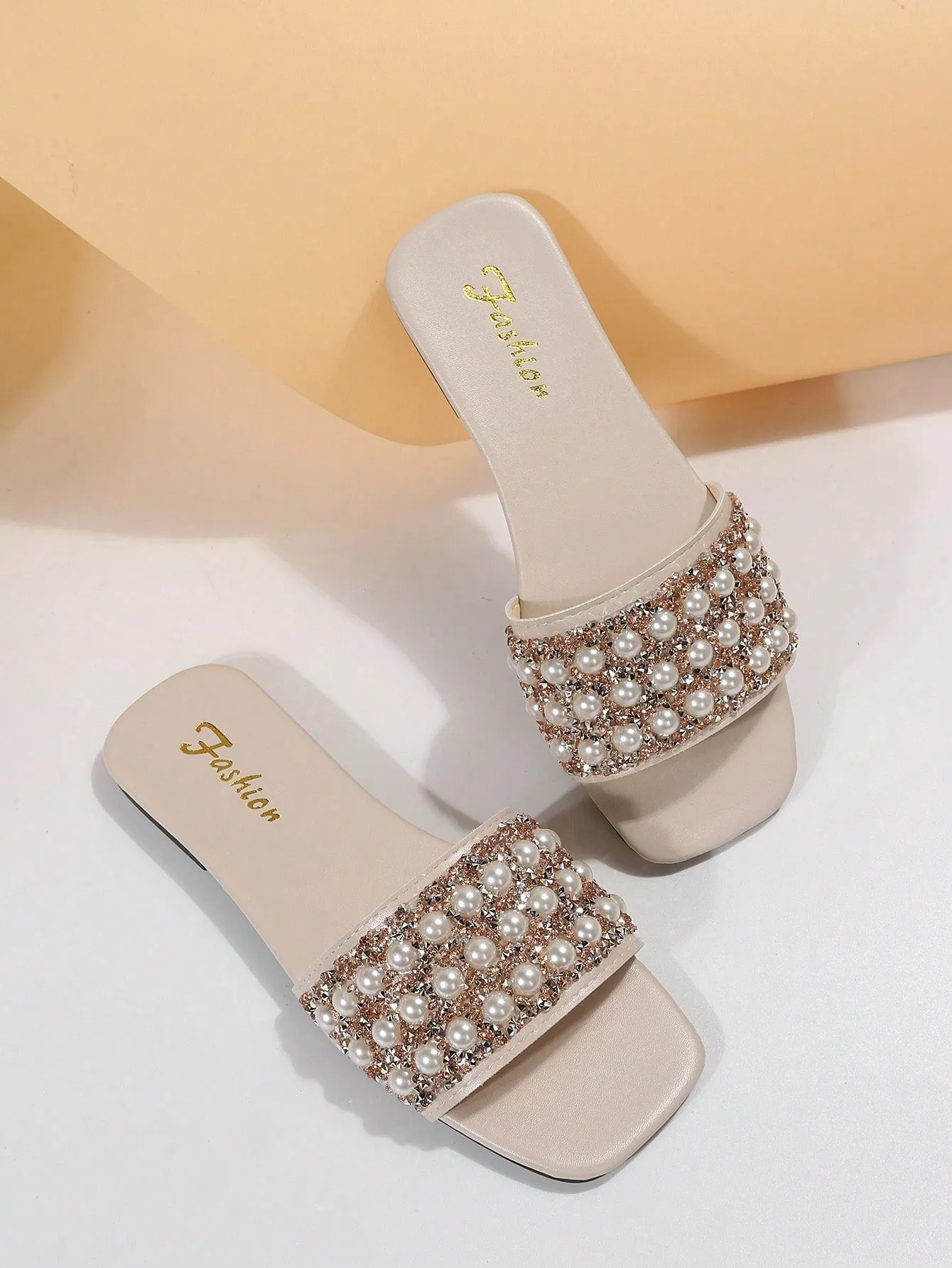 Women Rhinestone & Faux Pearl Decor Slide Sandals, Glamorous Sandals