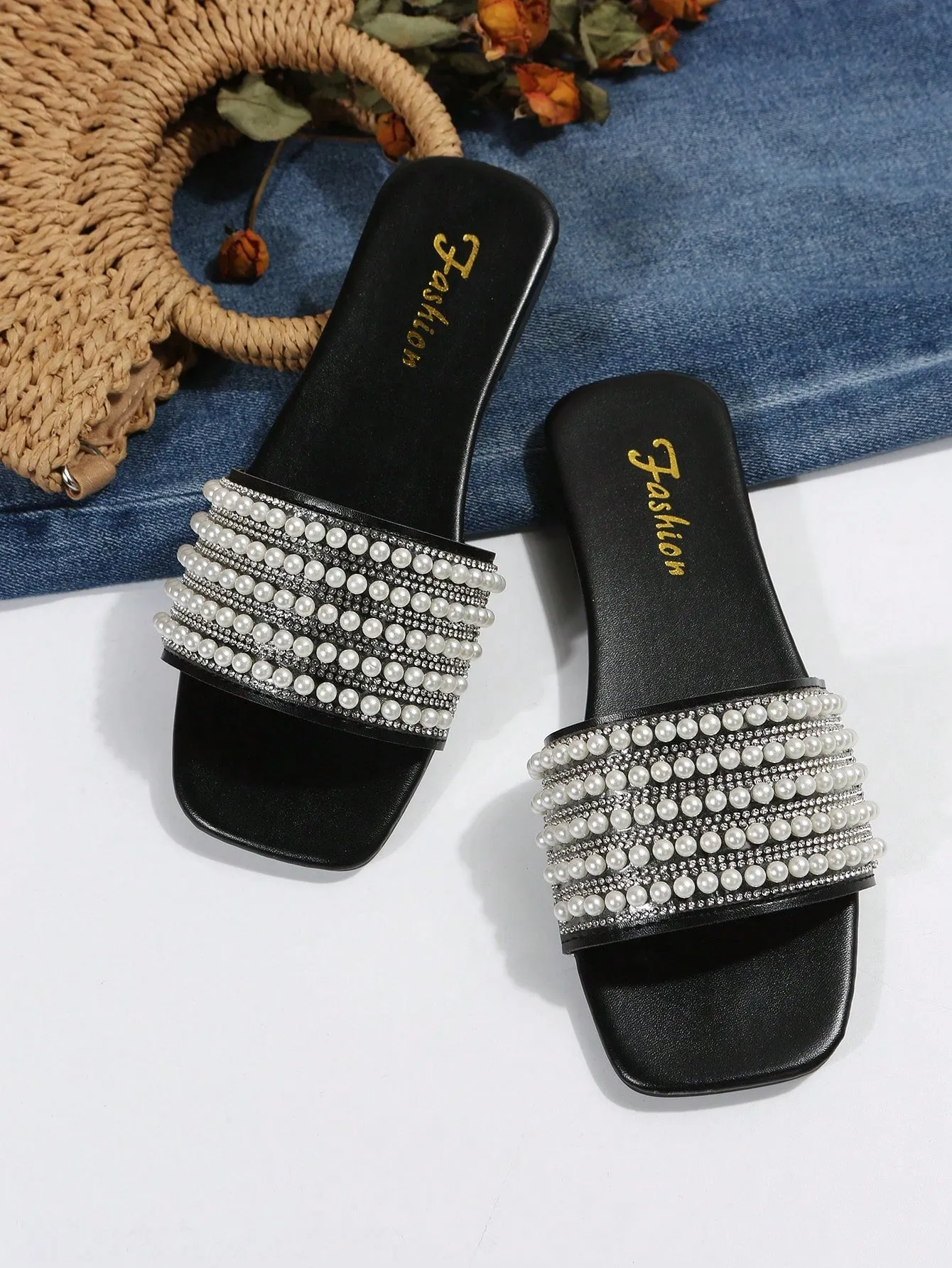 Women Rhinestone & Faux Pearl Decor Slide Sandals, Glamorous Sandals