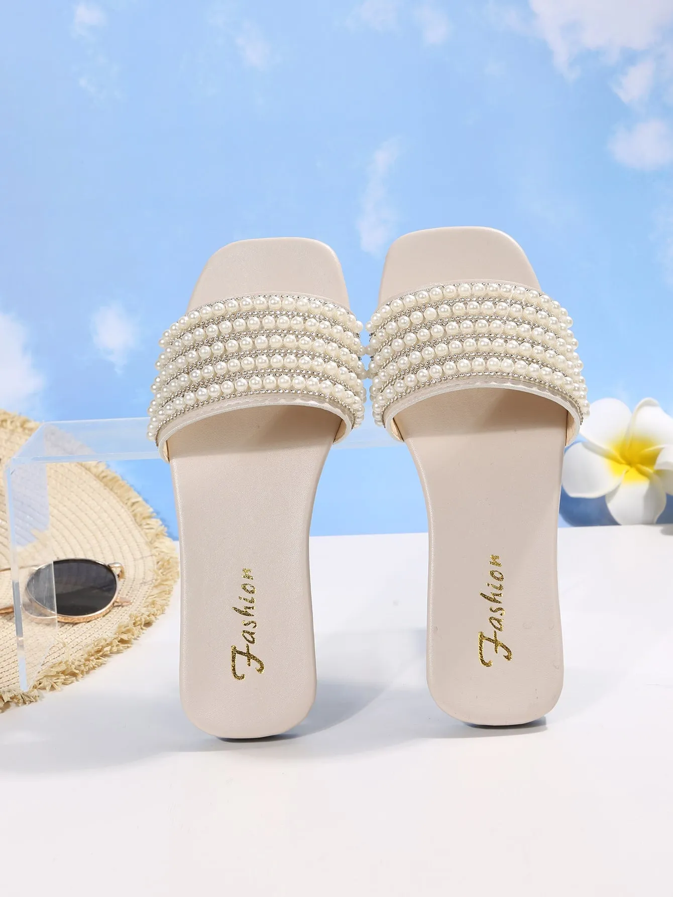 Women Rhinestone & Faux Pearl Decor Slide Sandals, Glamorous Sandals