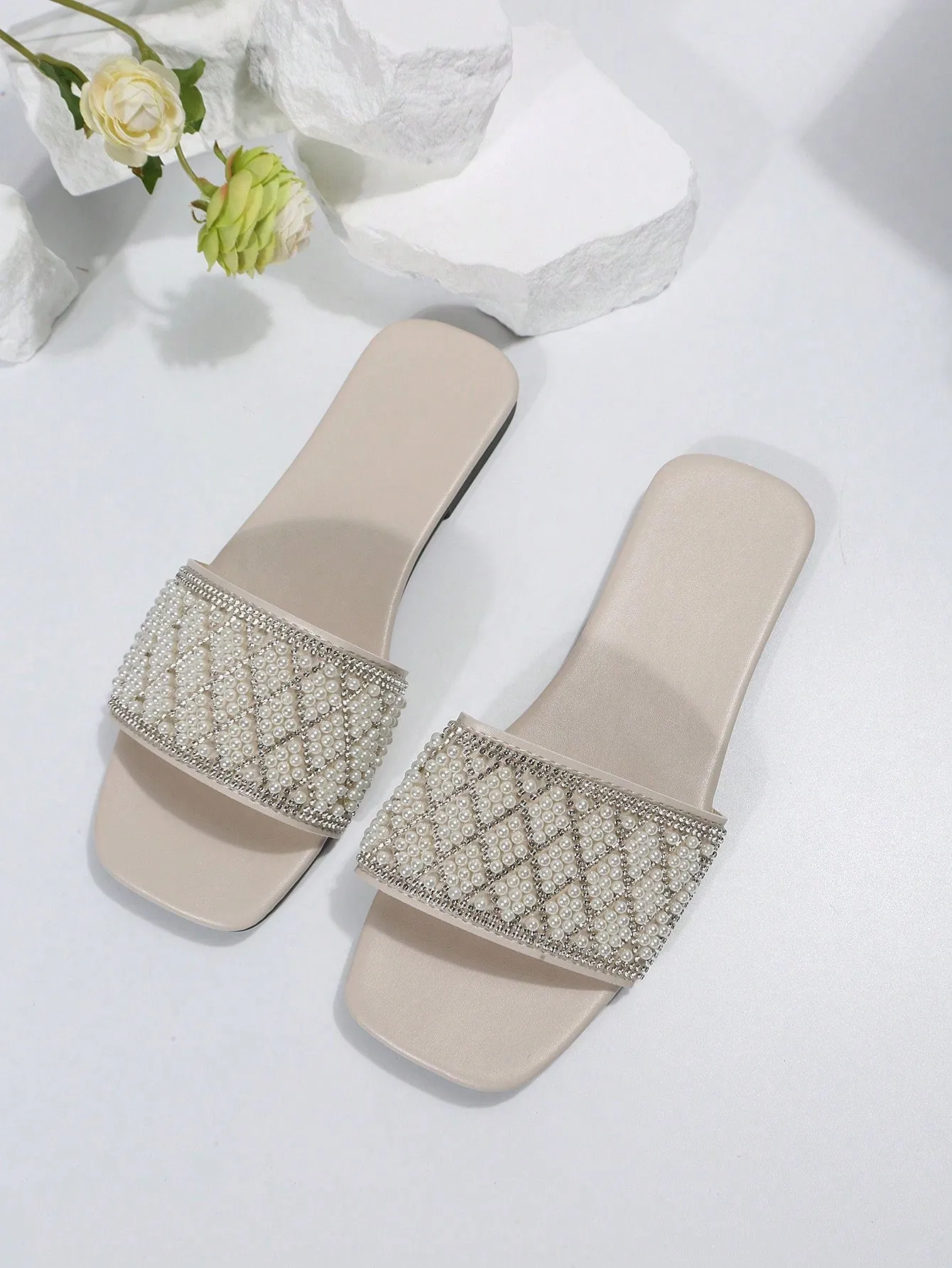Women Rhinestone & Faux Pearl Decor Slide Sandals, Glamorous Sandals