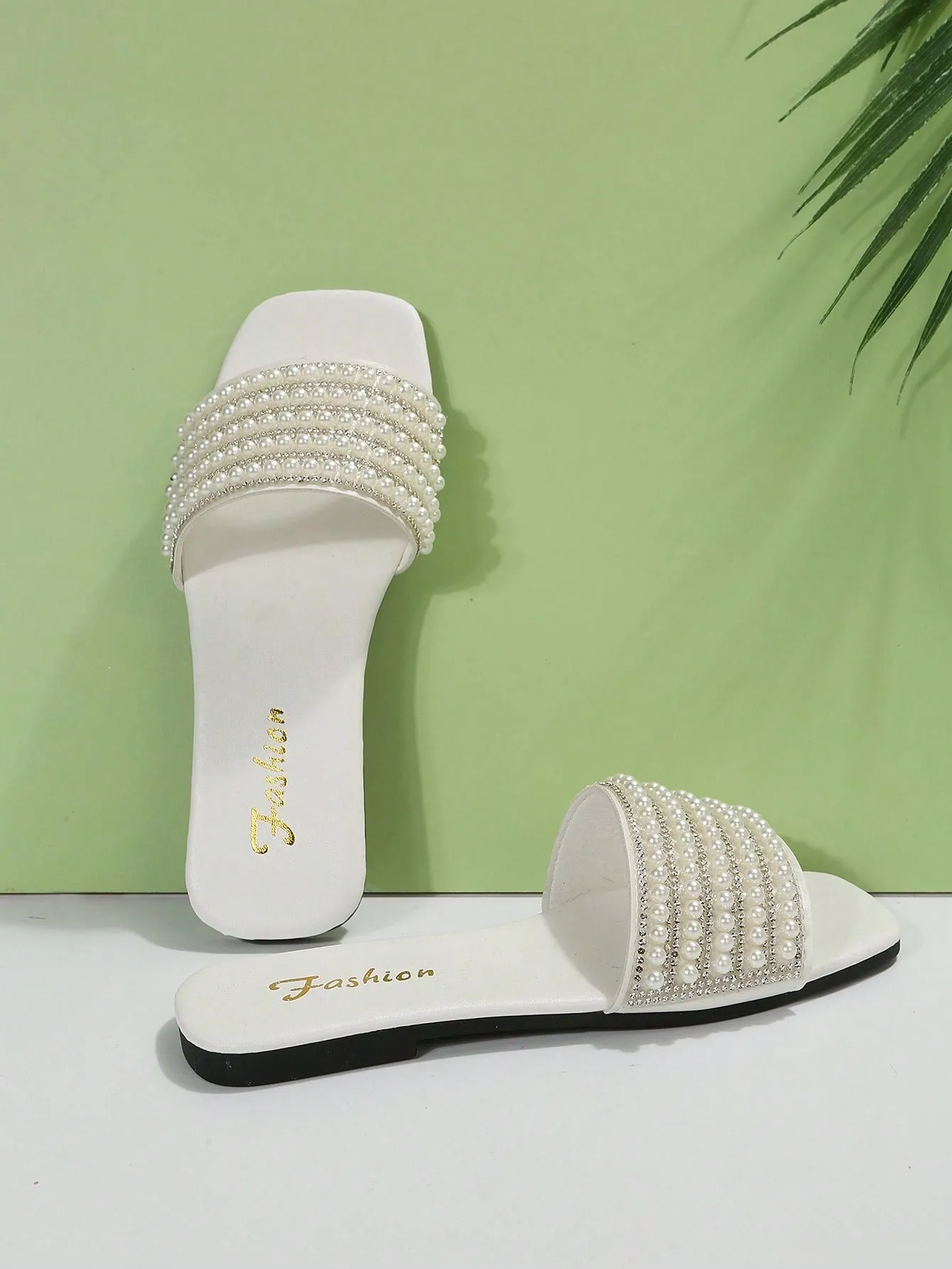 Women Rhinestone & Faux Pearl Decor Slide Sandals, Glamorous Sandals