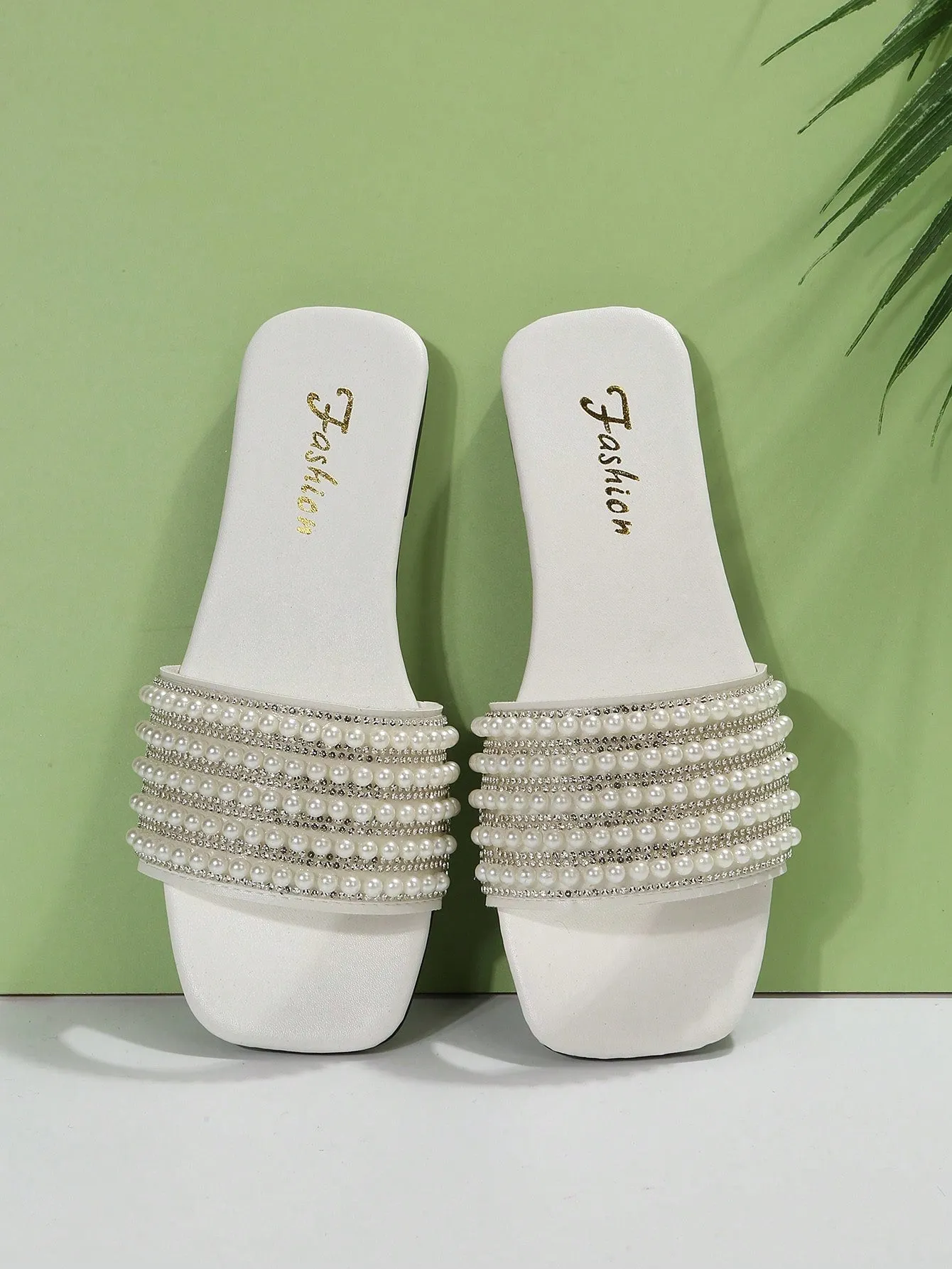 Women Rhinestone & Faux Pearl Decor Slide Sandals, Glamorous Sandals
