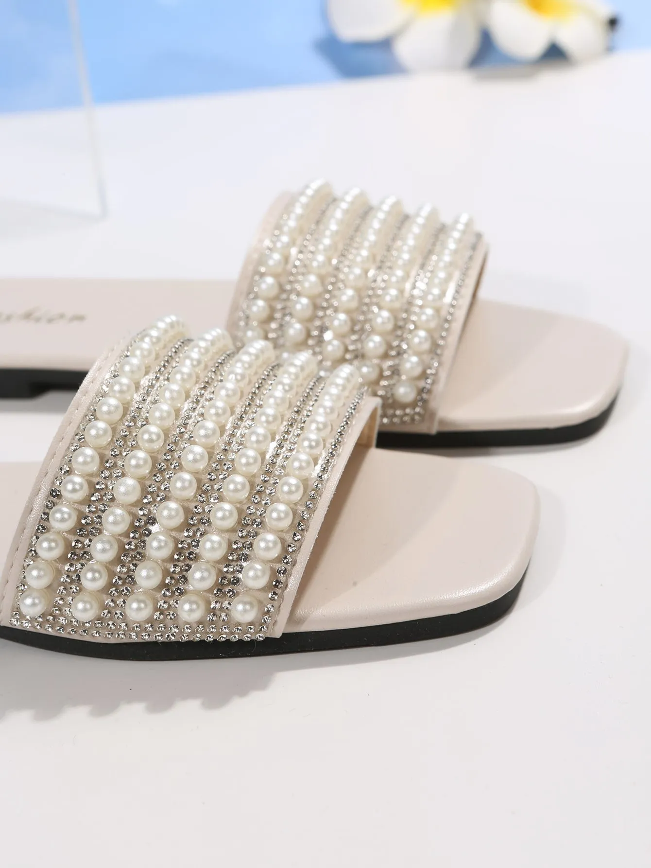 Women Rhinestone & Faux Pearl Decor Slide Sandals, Glamorous Sandals