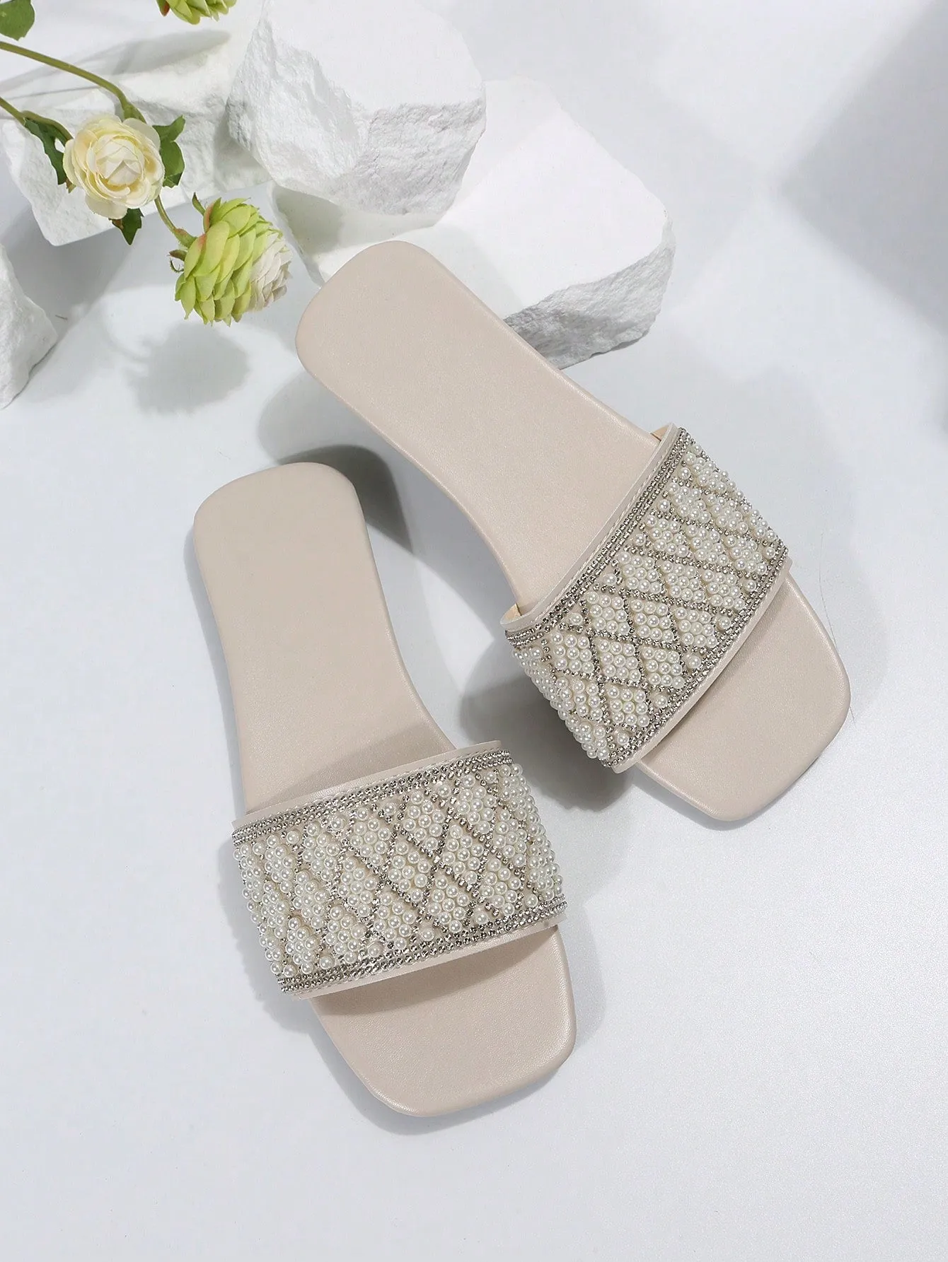 Women Rhinestone & Faux Pearl Decor Slide Sandals, Glamorous Sandals
