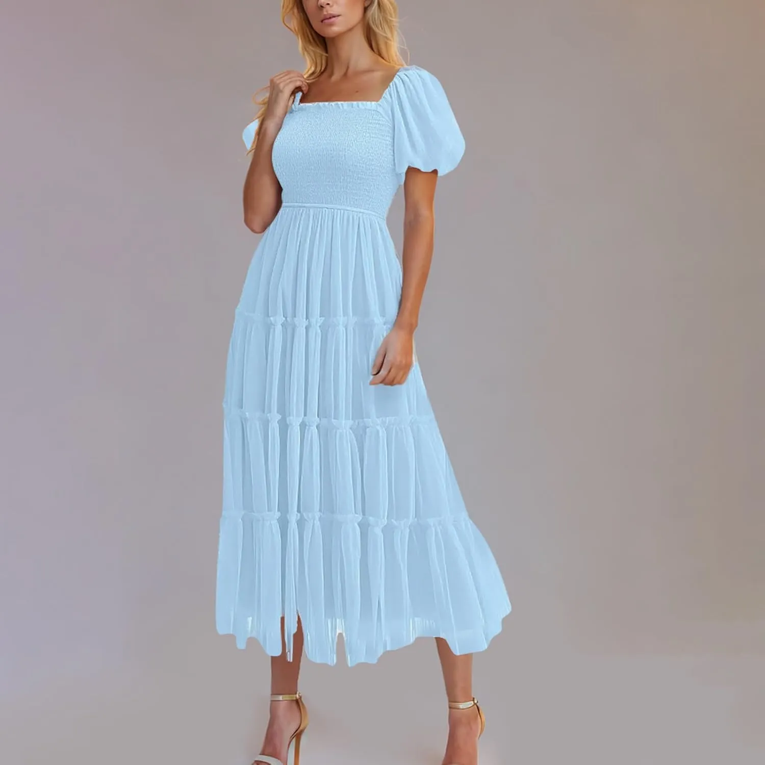 Women's 2025 Summer Casual Boho Dress Waist Slimming Flowy Ruffle Lightweight Skirt Beach Maxi Dresses Spring Dress