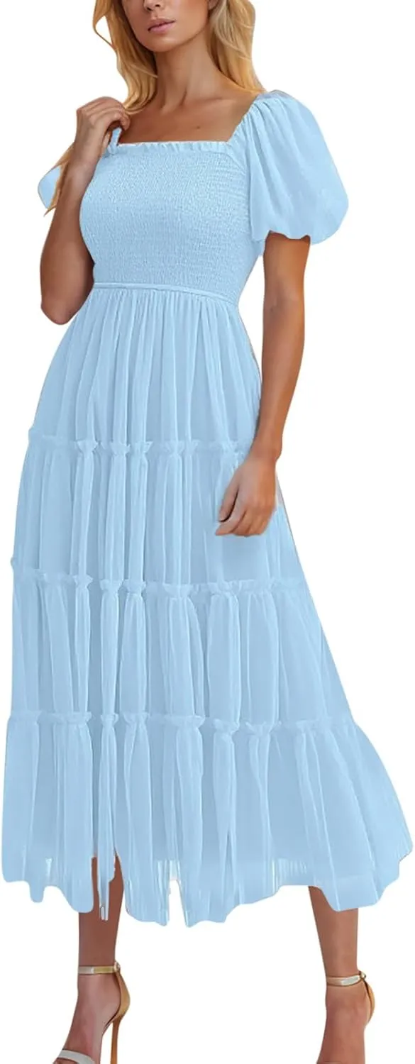 Women's 2025 Summer Casual Boho Dress Waist Slimming Flowy Ruffle Lightweight Skirt Beach Maxi Dresses Spring Dress