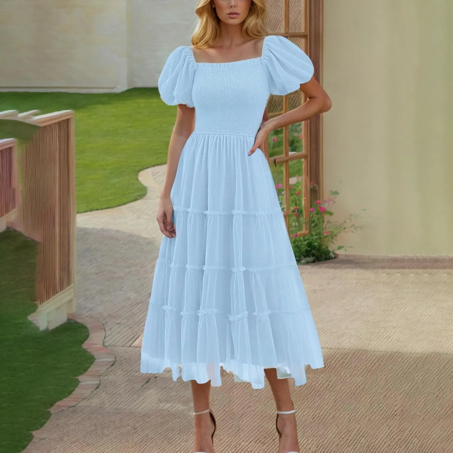 Women's 2025 Summer Casual Boho Dress Waist Slimming Flowy Ruffle Lightweight Skirt Beach Maxi Dresses Spring Dress