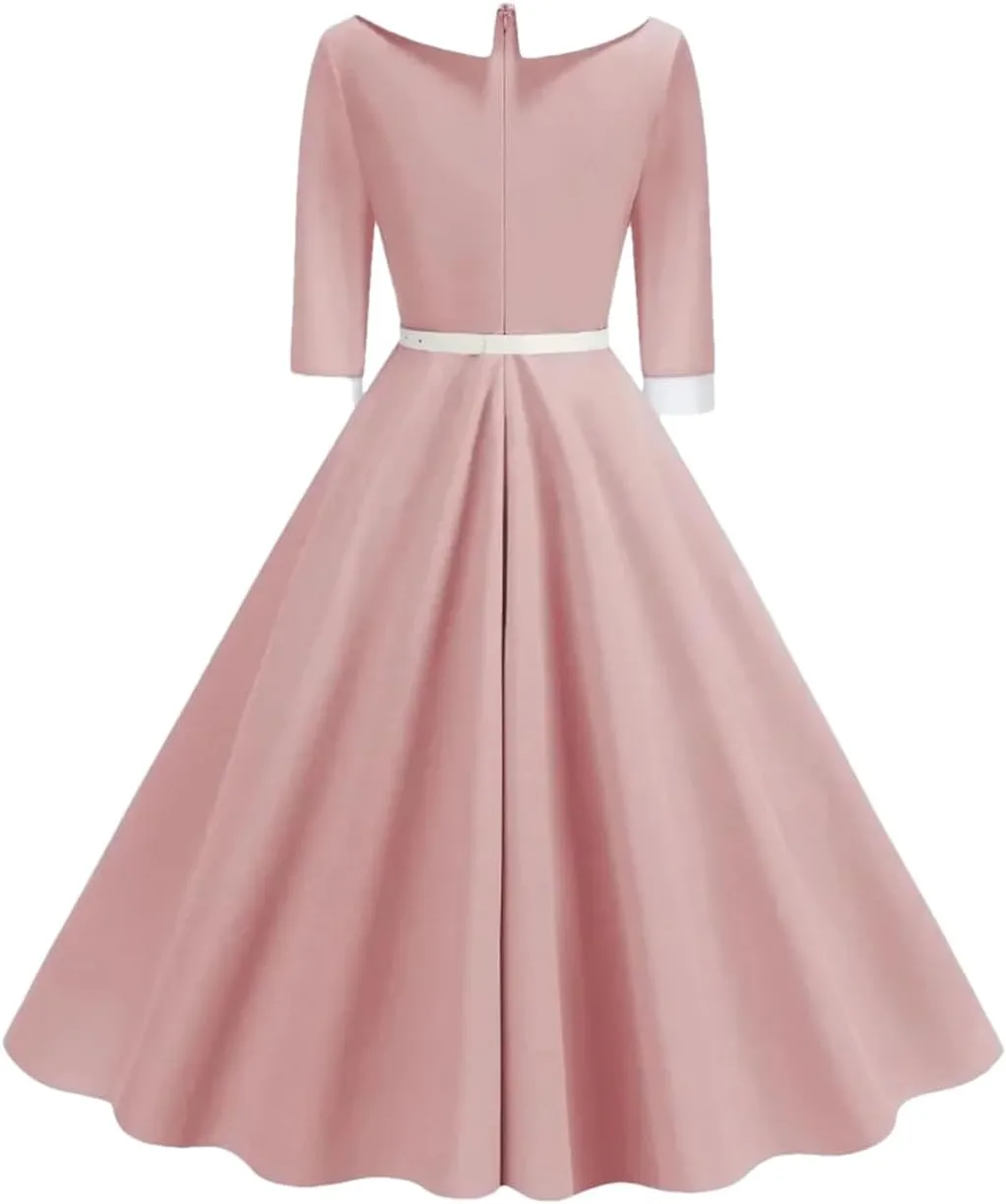 Women's 3/4 Long Sleeve Beach Dress Contrast Fit Vintage Dress 50S Midi Dress