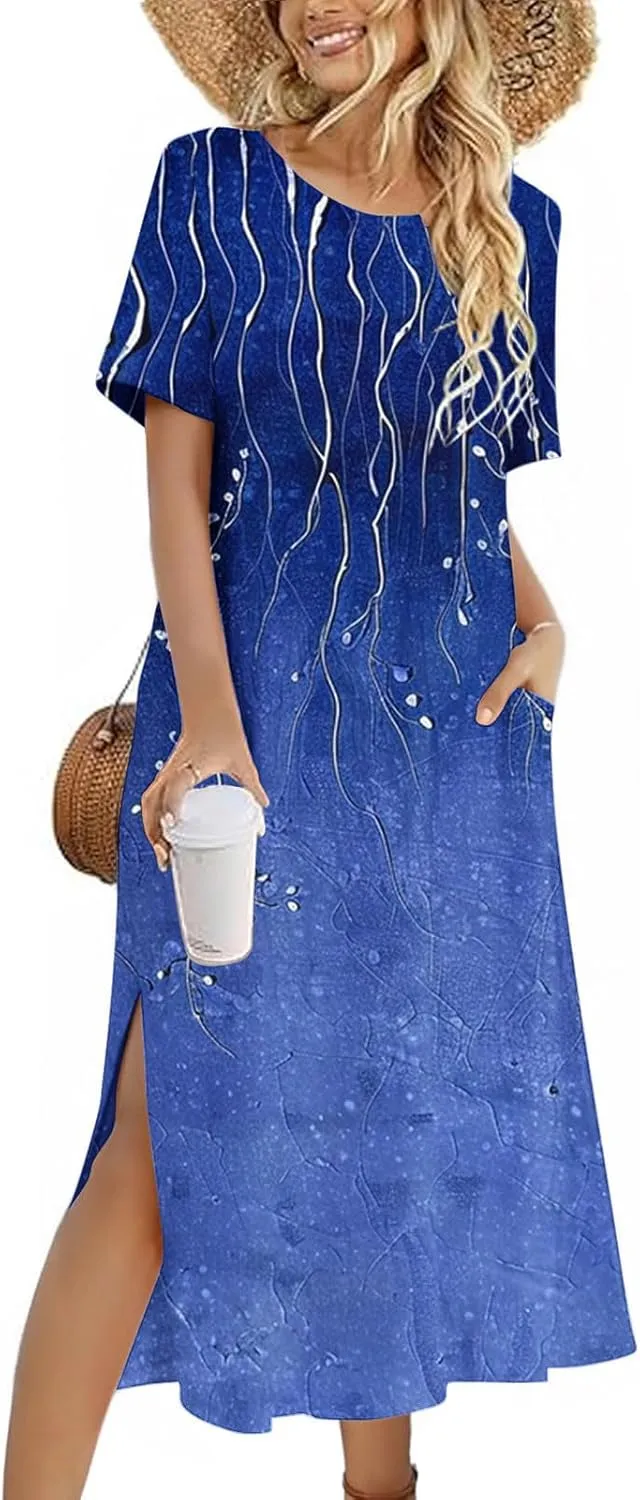 Womens Boho Dress Floral Casual Beach Vcation T Shirt Dress Sexy Side Slit a-Line Mini Dress with Pockets