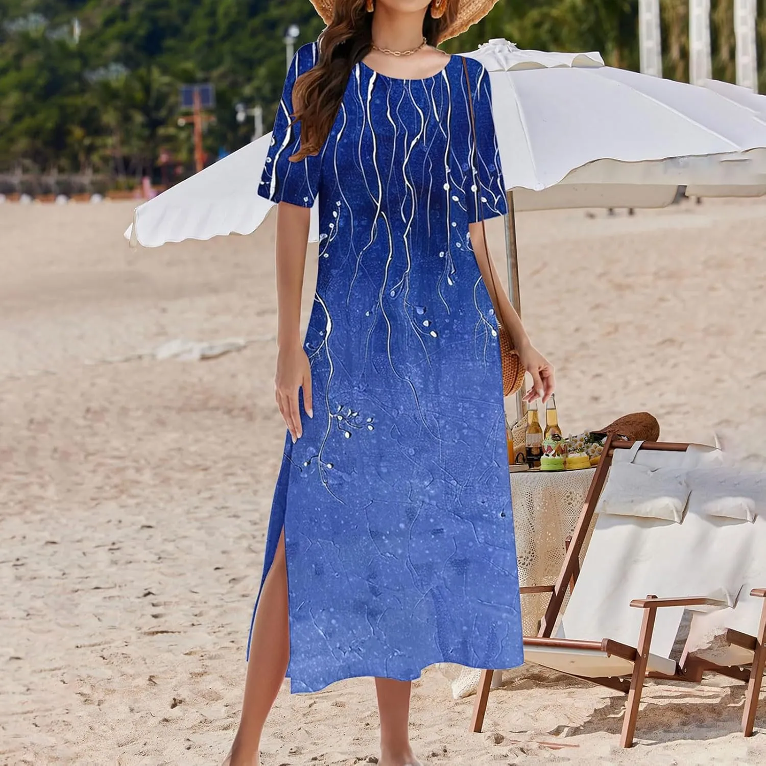 Womens Boho Dress Floral Casual Beach Vcation T Shirt Dress Sexy Side Slit a-Line Mini Dress with Pockets